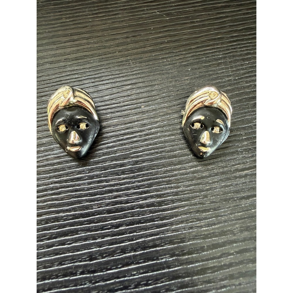 Vintage Black and Gold Tone Face Mask Brooch Pin Set with Crystal Accents 2pc